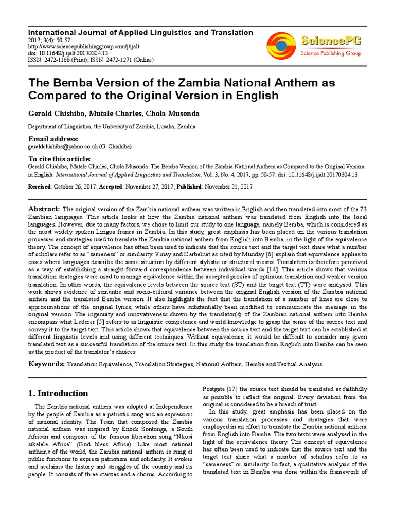 The Bemba Version of The Zambia National | PDF | Translations | Linguistics