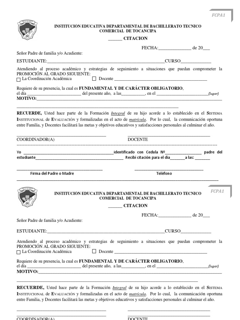 FORMATO CITACION de PADRES Por Estudiantes Con Compromisos 