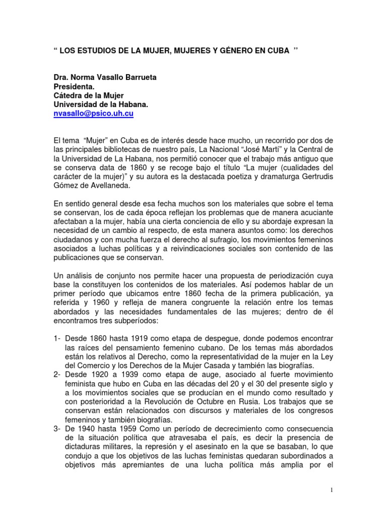 Los Estudios de La Mujer en Cuba Vasallo | PDF | Mujer | Género