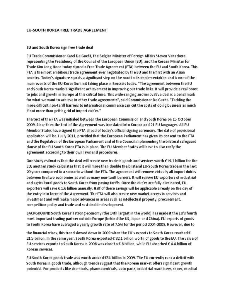 EU-South Korea Free Trade Agreement Signed | PDF | Market Access ...