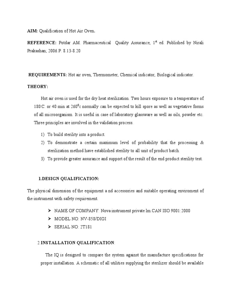 AIM Qualification of Hot Air Oven. REFERENCE Potdar AM. Pharmaceutical Quality Assurance, 1
