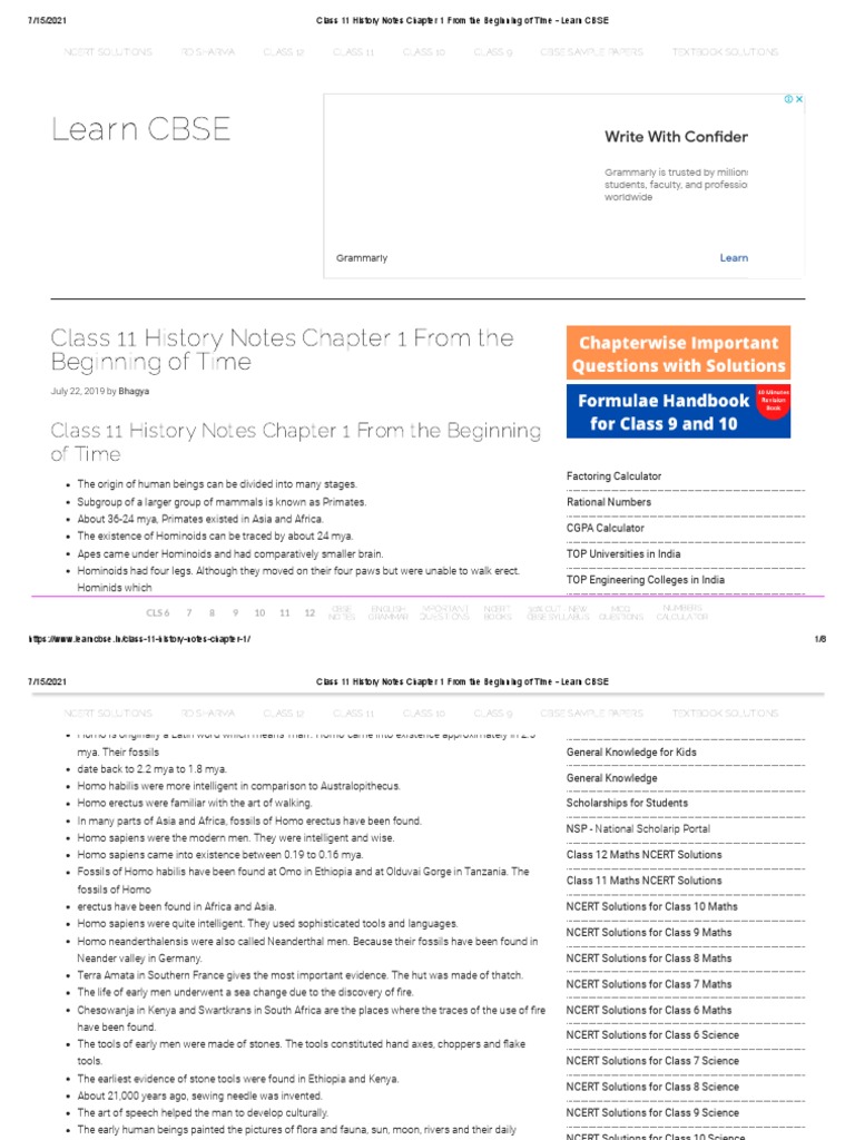 Class 11 History Notes Chapter 1 From The Beginning of Time Learn