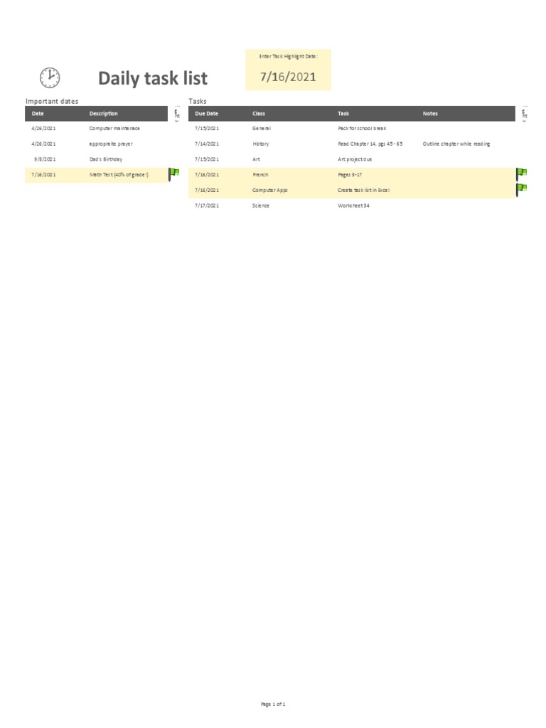 Daily Task List: Important Dates Tasks | PDF