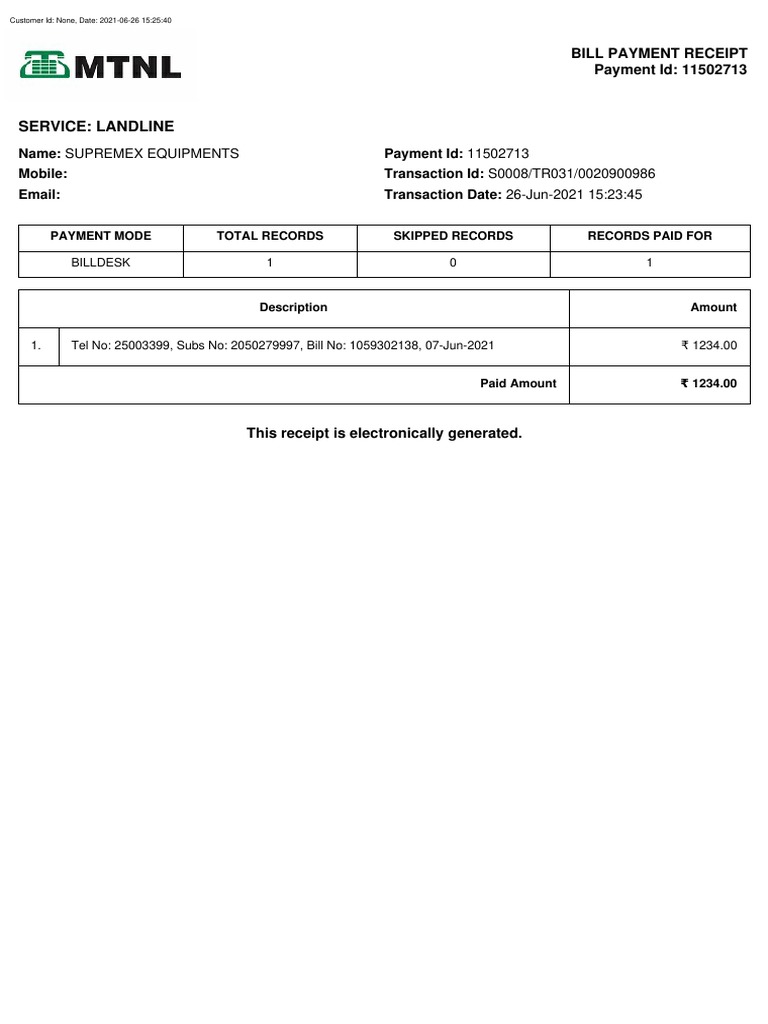 Service: Landline: Bill Payment Receipt Payment Id: 11502713 | PDF