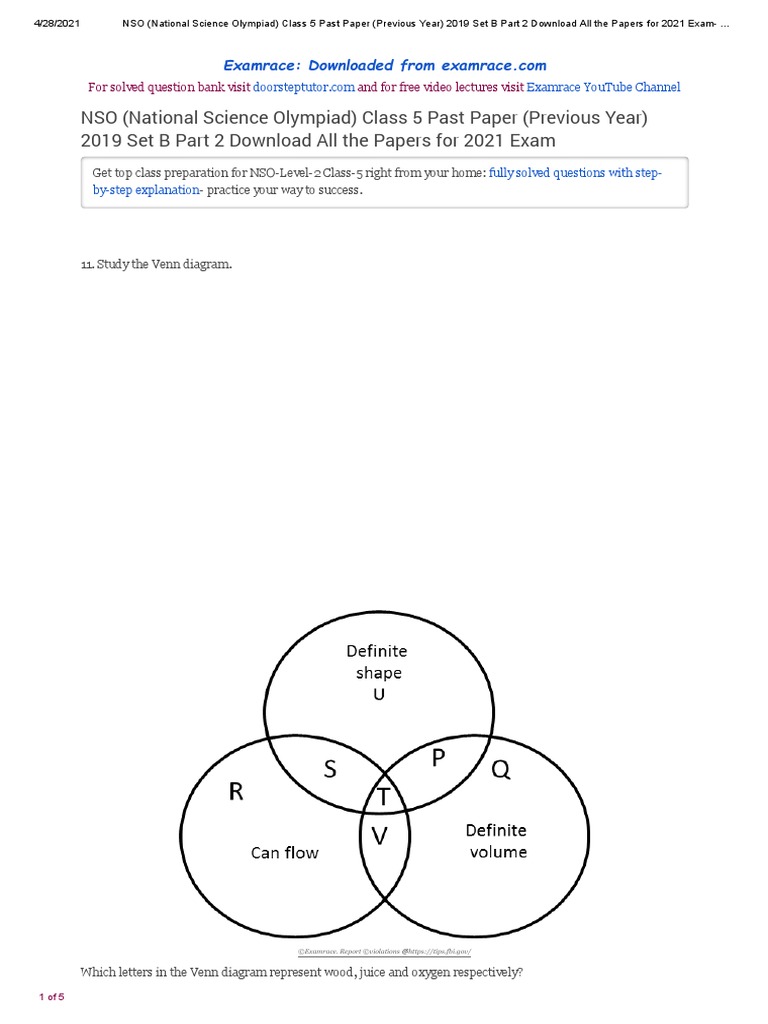 NSO Level 1 Class 5 Question Paper 2019 Set B Part 2 | PDF | Science ...