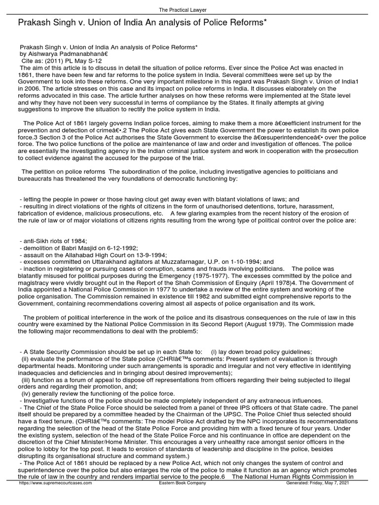 Prakash Singh Case Analysis | PDF | U.S. State | Police