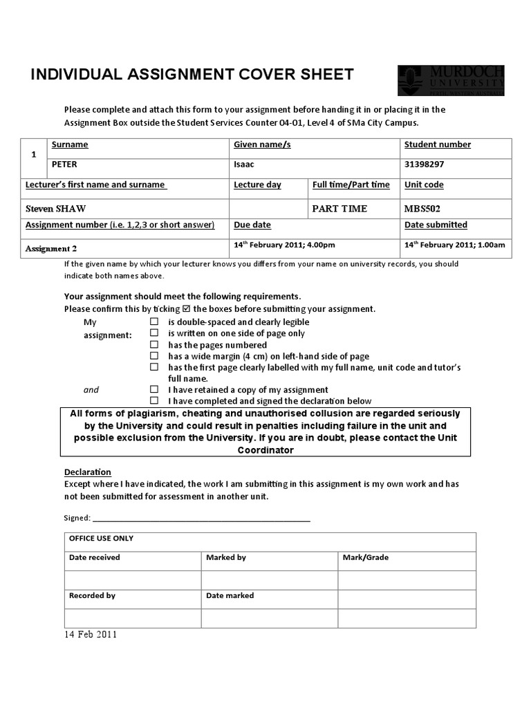 Individual Assignment Cover Sheet | PDF | Offer And Acceptance | Justice
