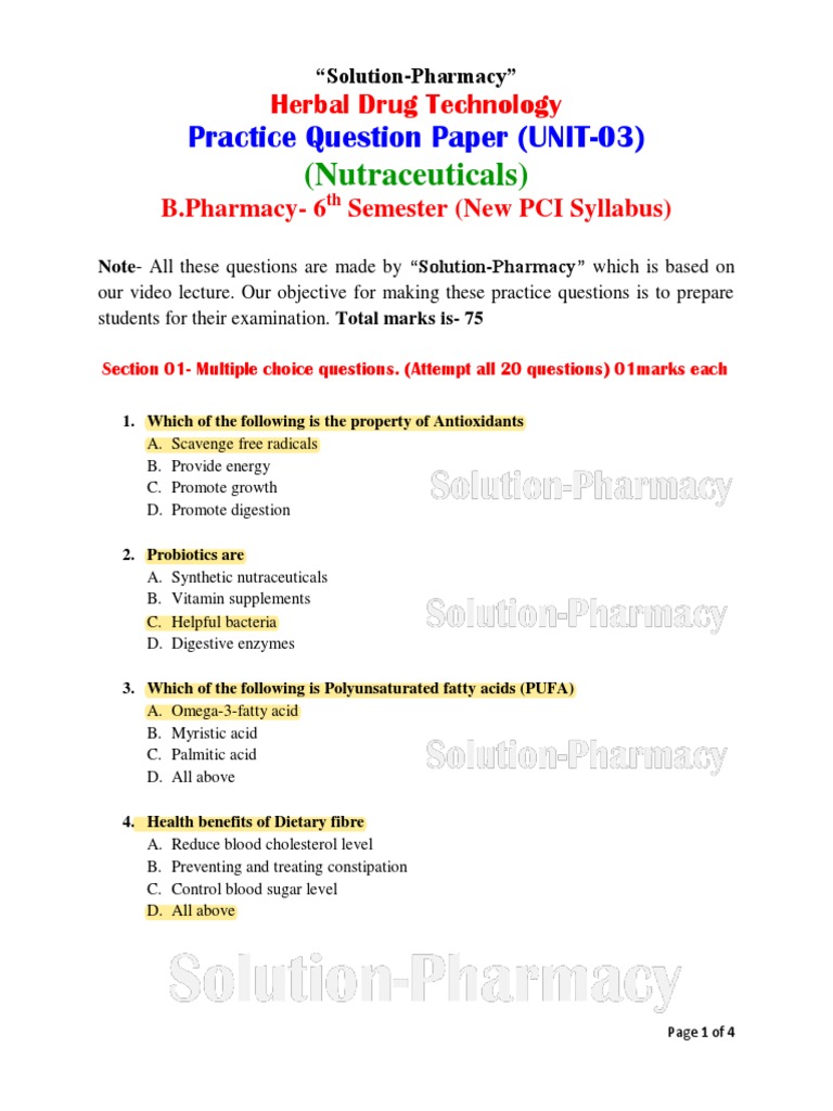 Unit 3 (Nutraceuticals) Model Question Paper With Answer PDF