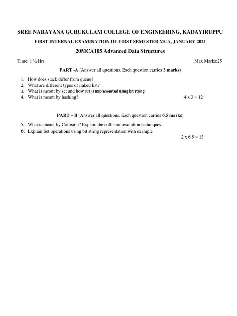 MCA 1st Sem Exam: Adv. Data Structures | PDF | Teaching Methods ...