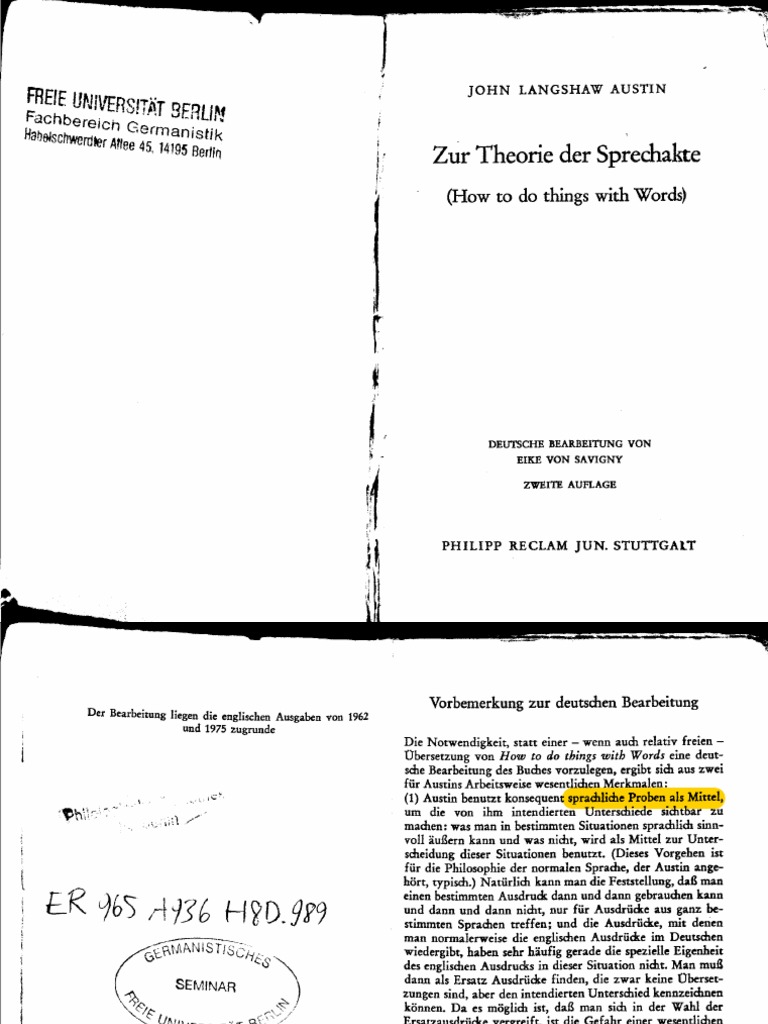 Austin 1972 (1962) Deutsch Theorie Der Sprechakte | PDF