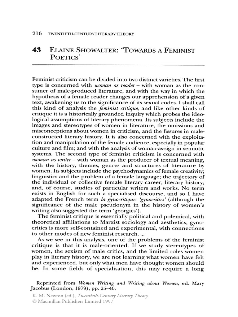 Towards A Feminist Poetics Essay PDF PDF Feminism Gender Studies