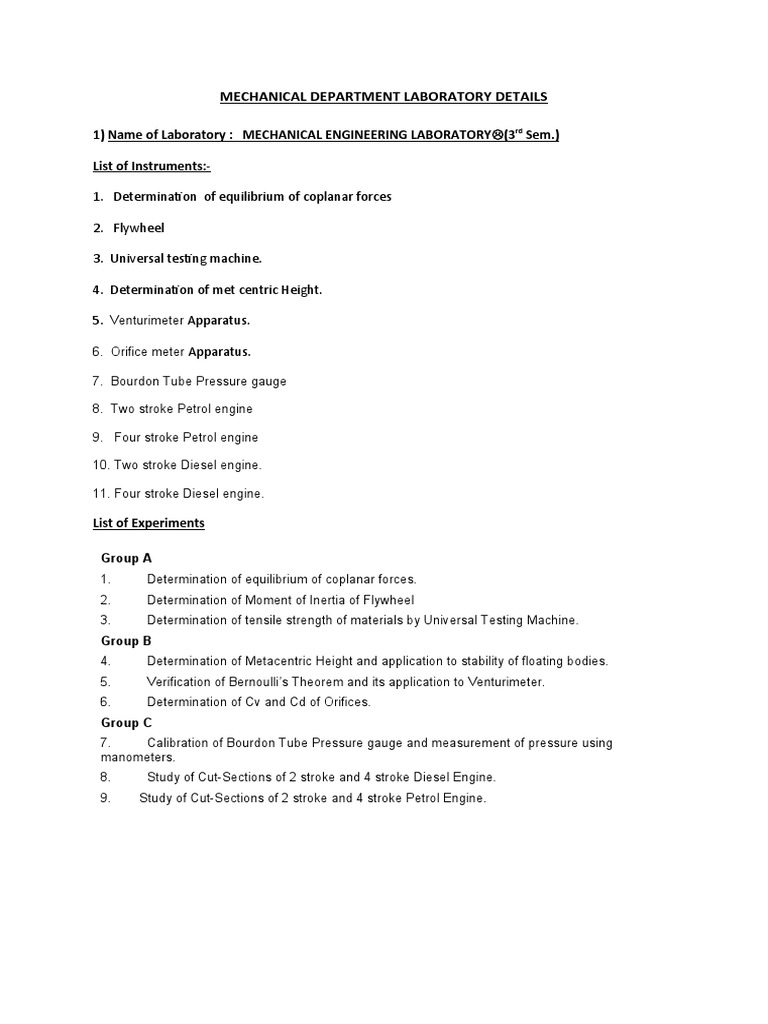 Mechanical Engineering Laboratory Pdf Pressure Measurement