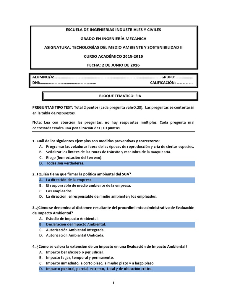 Examen EIA Junio 2016 Resuelto | PDF | Evaluación de impacto ambiental ...