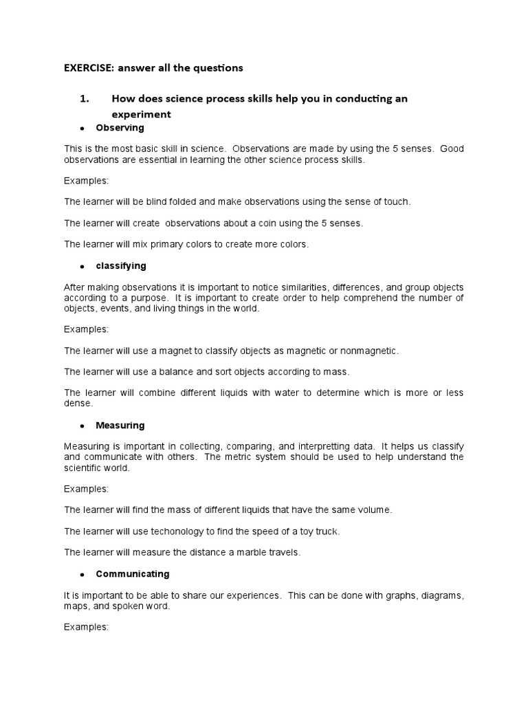 Science Process Skills Overview | PDF | Observation | Learning