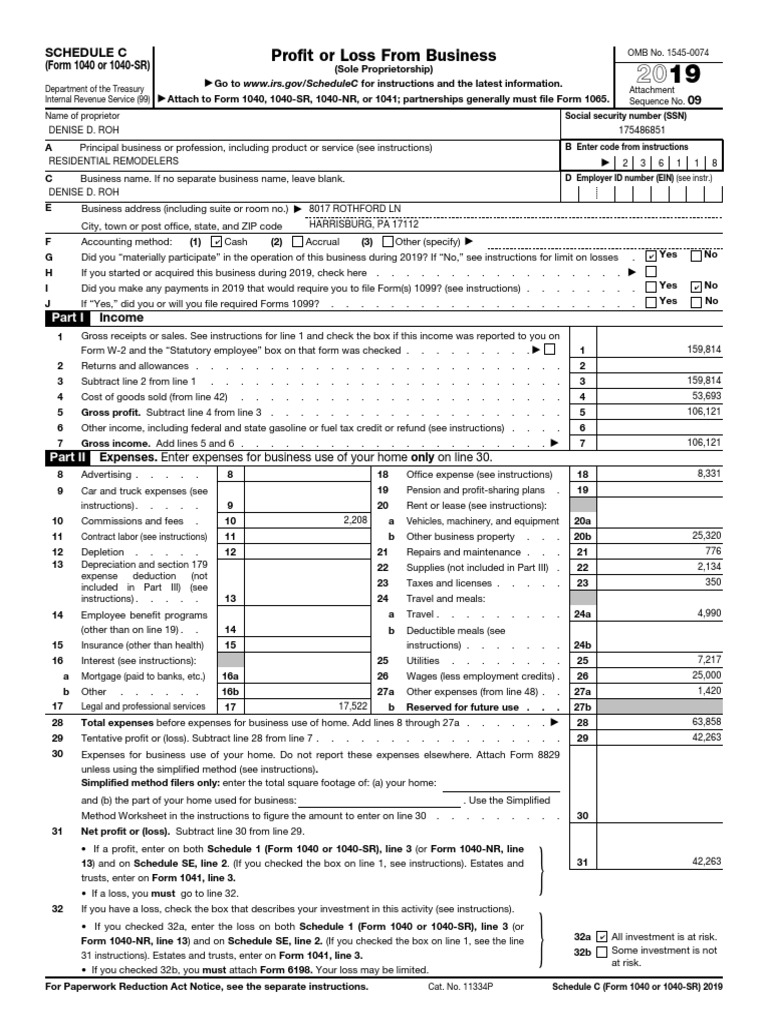 Profit or Loss From Business Schedule C (Form 1040 or 1040SR) 09