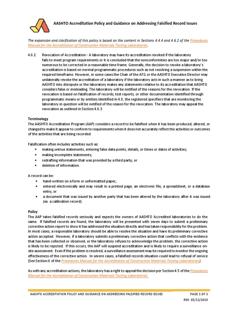 Aashto Accreditation Policy and Guidance On Addressing Falsified Record ...