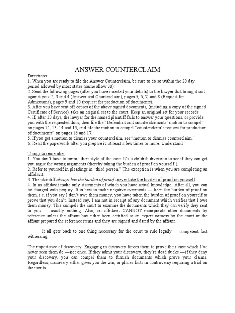 Answer and Counterclaim Guide | PDF | Lawsuit | Discovery (Law)