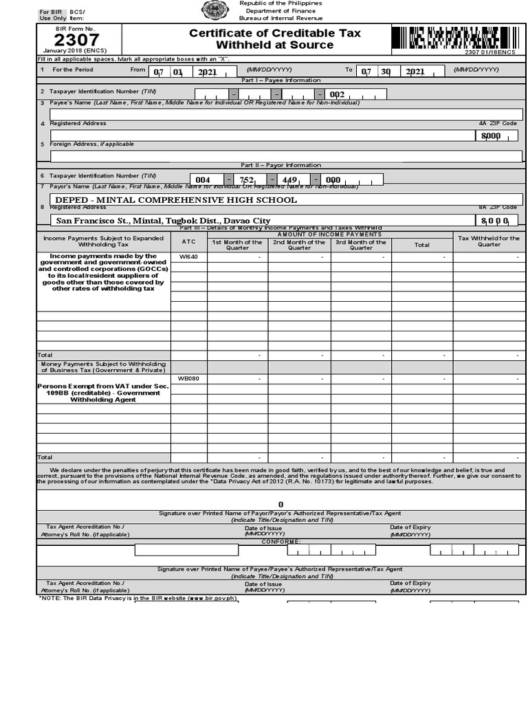 Bir Form 2306 and 2307 Mchs | PDF | Withholding Tax | Payments