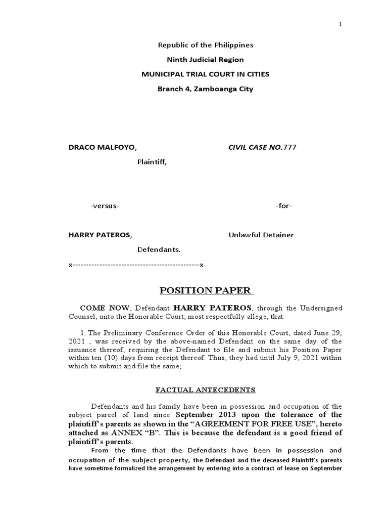 Position Paper on Unlawful Detainer Case | PDF | Complaint | Lawsuit