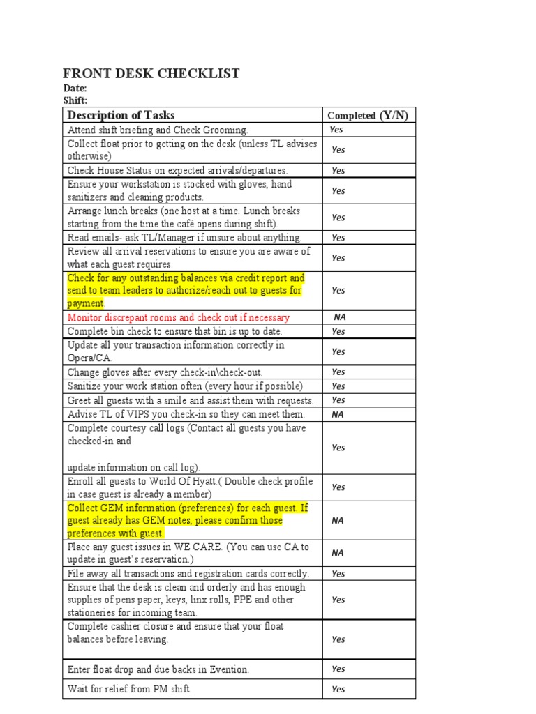 Front Desk Checklist Description of Tasks (Y/N) PDF Business