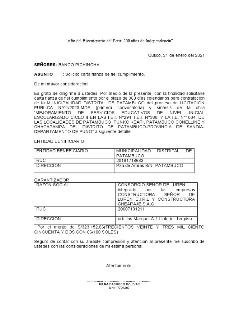 Carta Fianza Patambuco Fiel Cumplimiento | PDF