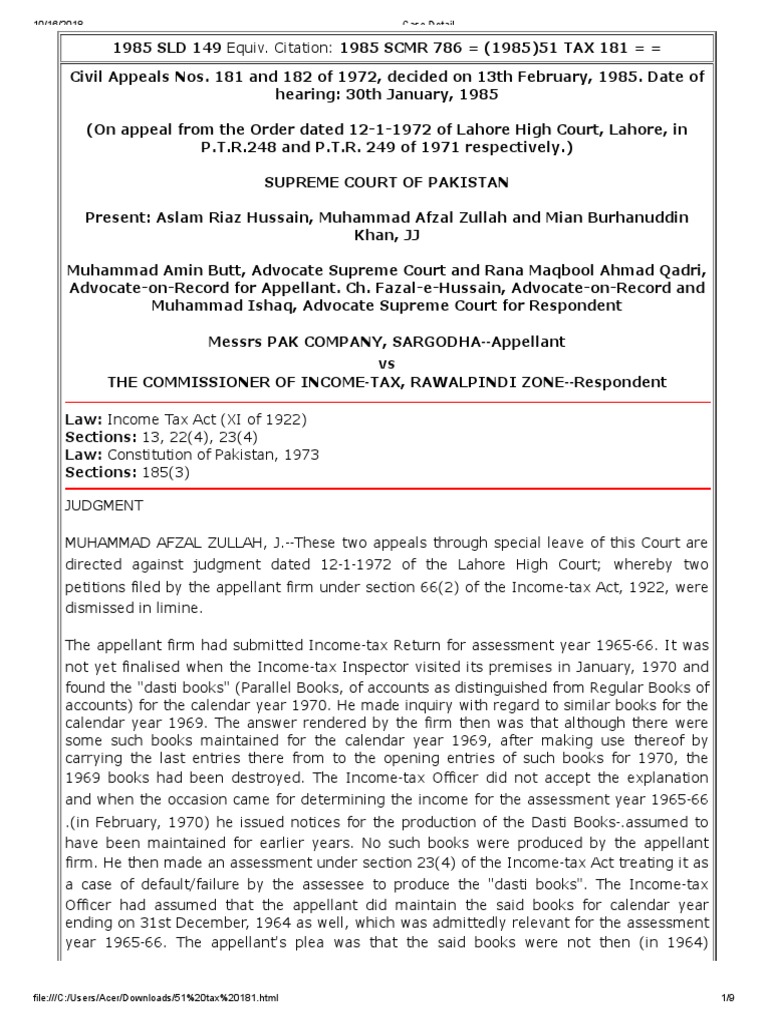 1985 SCMR 786 Best Judgement Assessment Defined PDF Judgment (Law