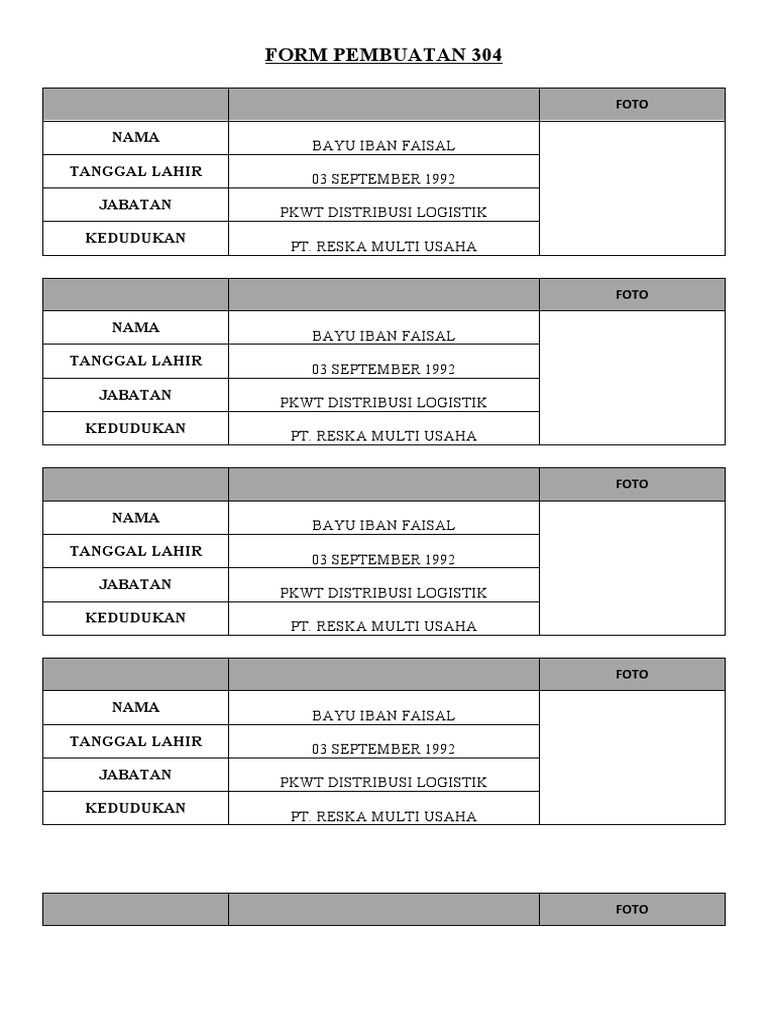 Formulir Pembuatan 304 Karyawan | PDF