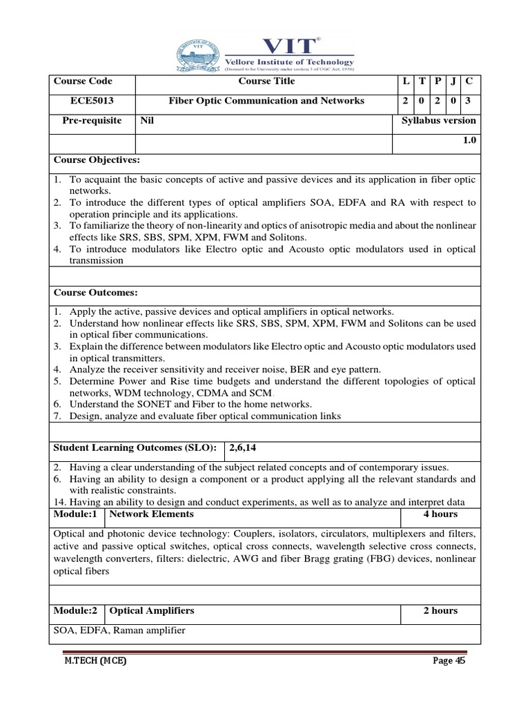 Fiber Optic Communication and Networks A Course Syllabus for ECE5013