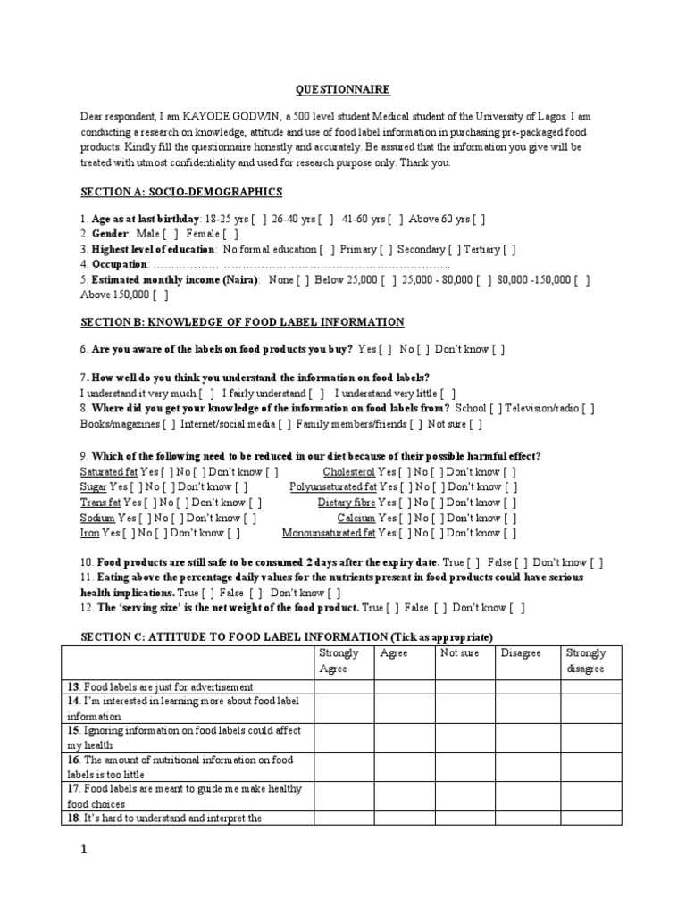 Kap On Food Labelling Questionnaire Final For Print PDF Nutrition
