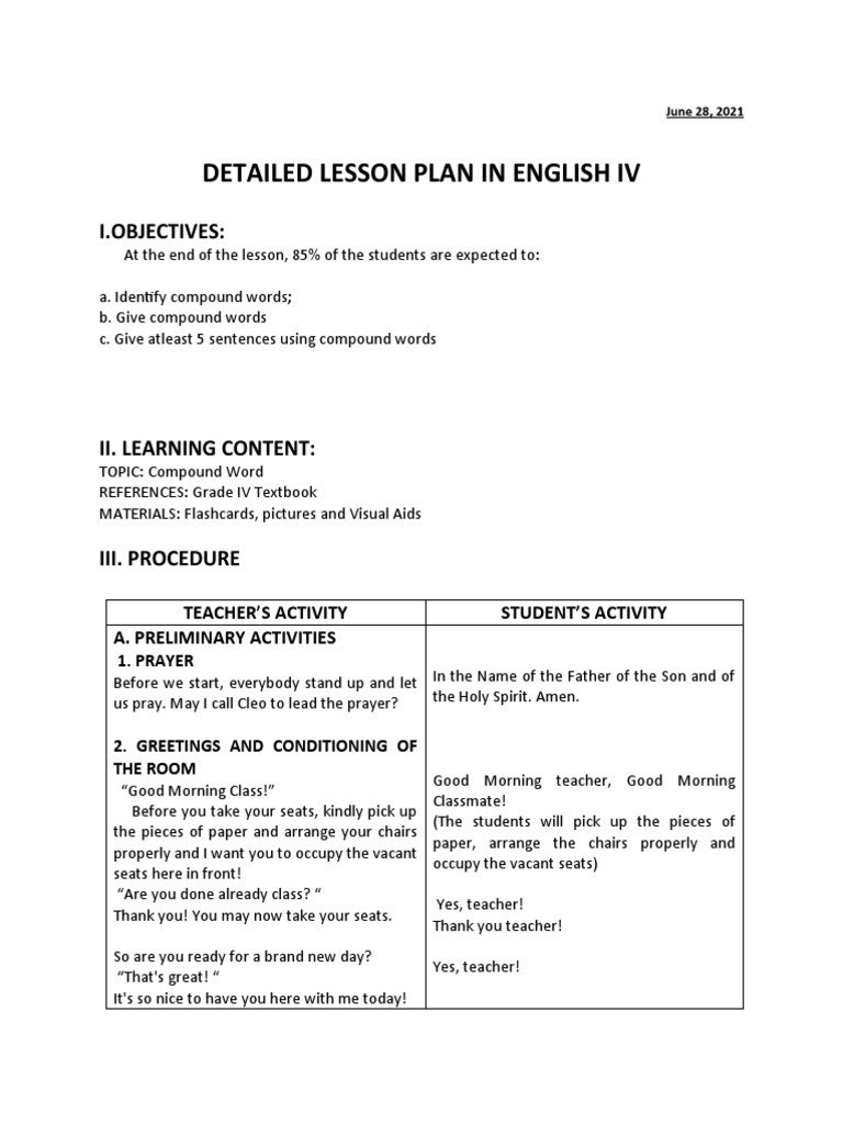 Compound Words Lesson Plan for Grade IV | PDF | Language Arts ...