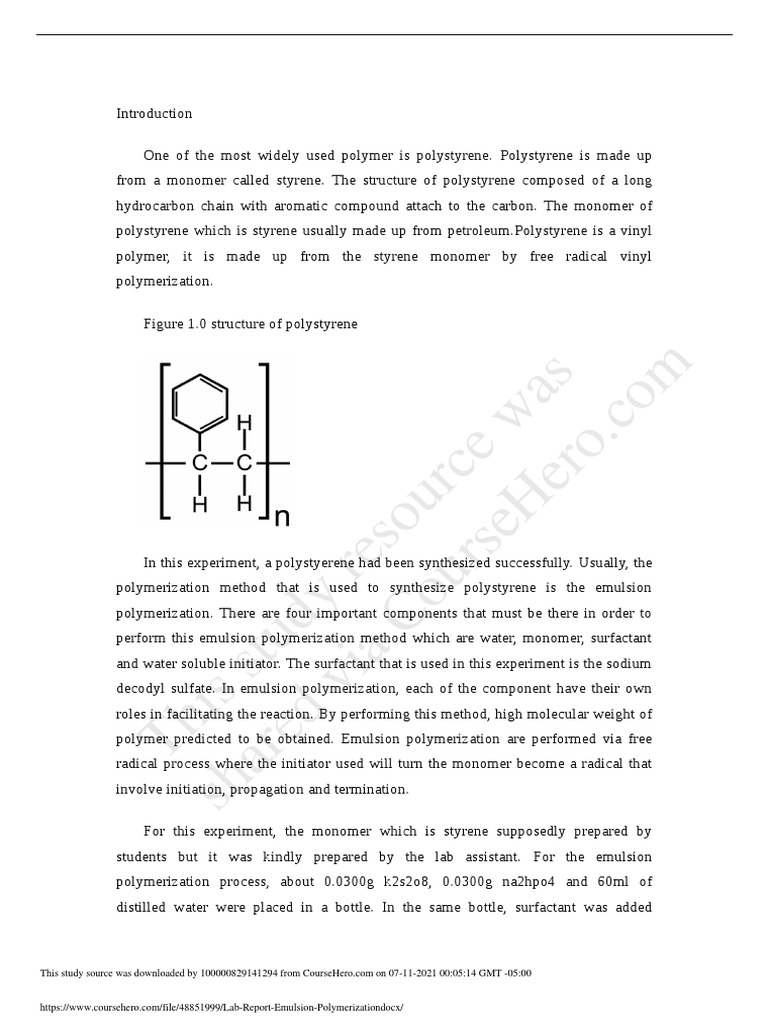 Emulsion Polymerization of Polystyrene | PDF