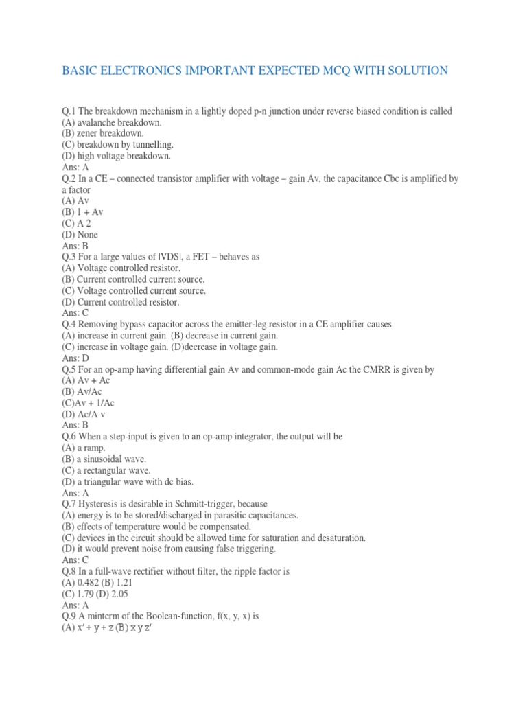 Basic Electronics Important Expected MCQ With Solution PDF