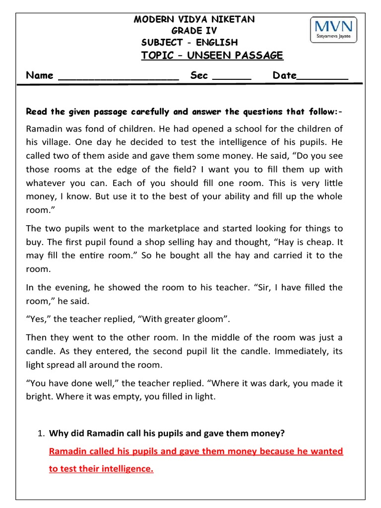 Unseen Passage For Grade 4 (Solved) | PDF