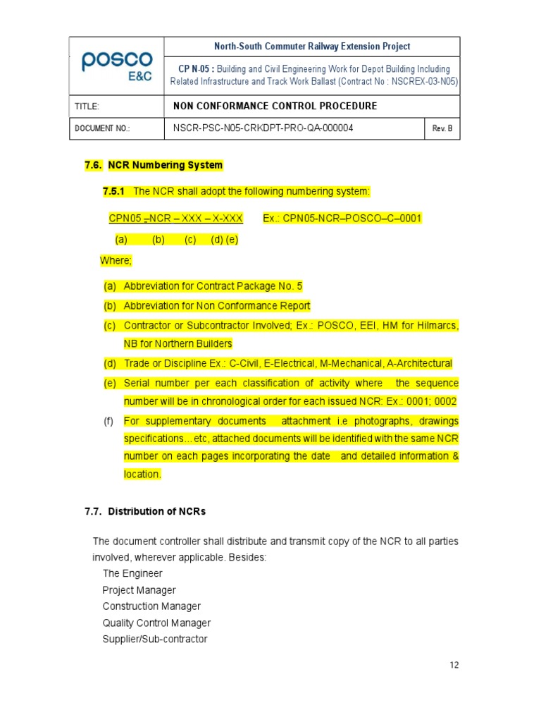 NCR Numbering System for Rail Projects | PDF