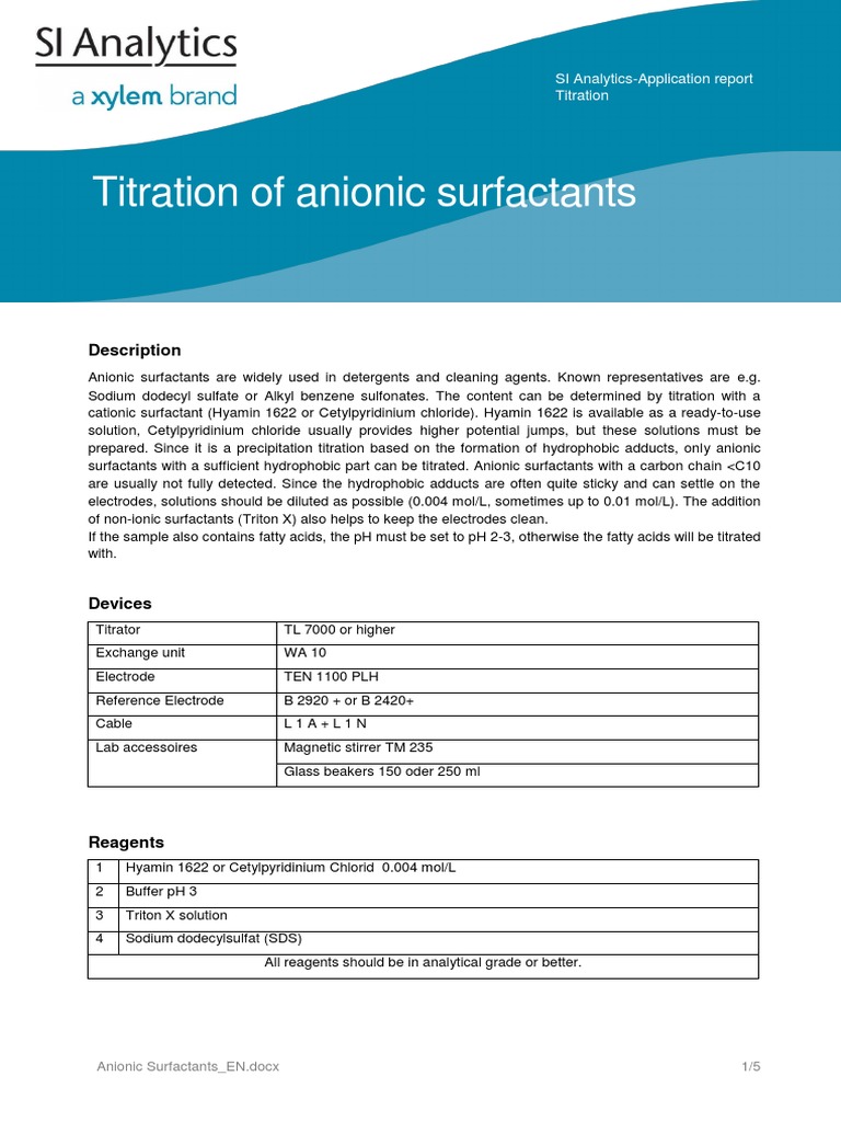 Titration of Anionic Surfactants: Description | PDF | Surfactant ...
