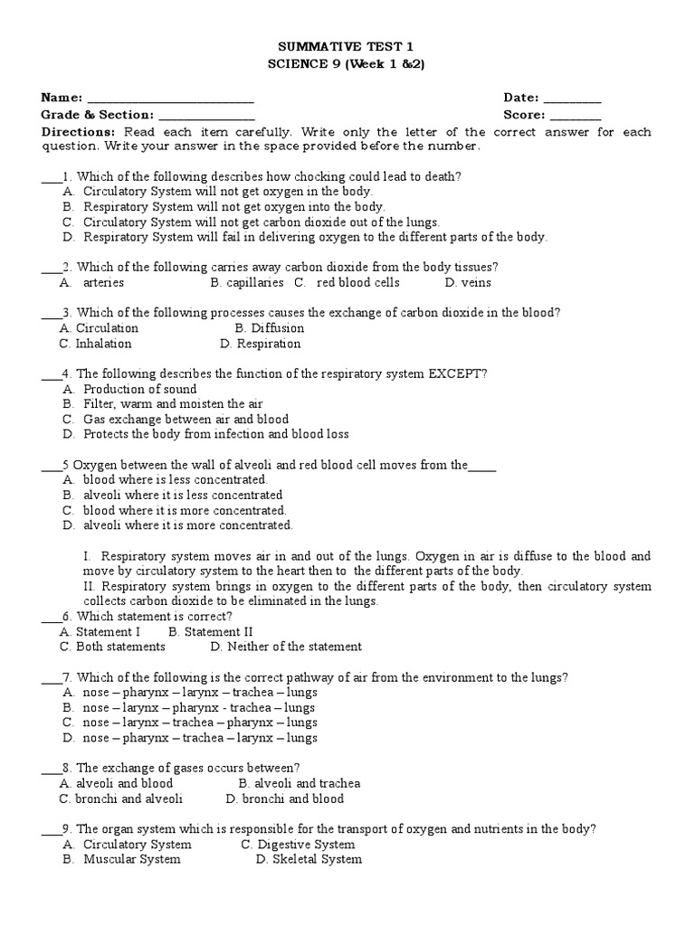 Grade 9 Science Respiratory Test | PDF | Respiratory System | Lung
