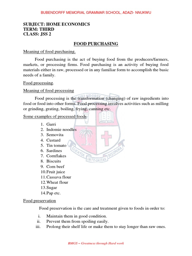 Subject Home Economics Term Third Class Jss 2 Food Purchasing PDF