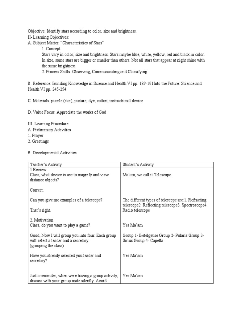 Detailed Lesson Plan Stars PDF Stars Atmosphere Of Earth