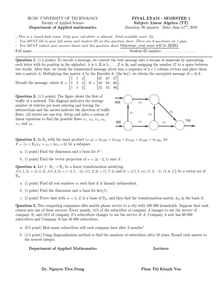 Linear Algebra Final Exam Questions | PDF | Linear Map | Vector Space