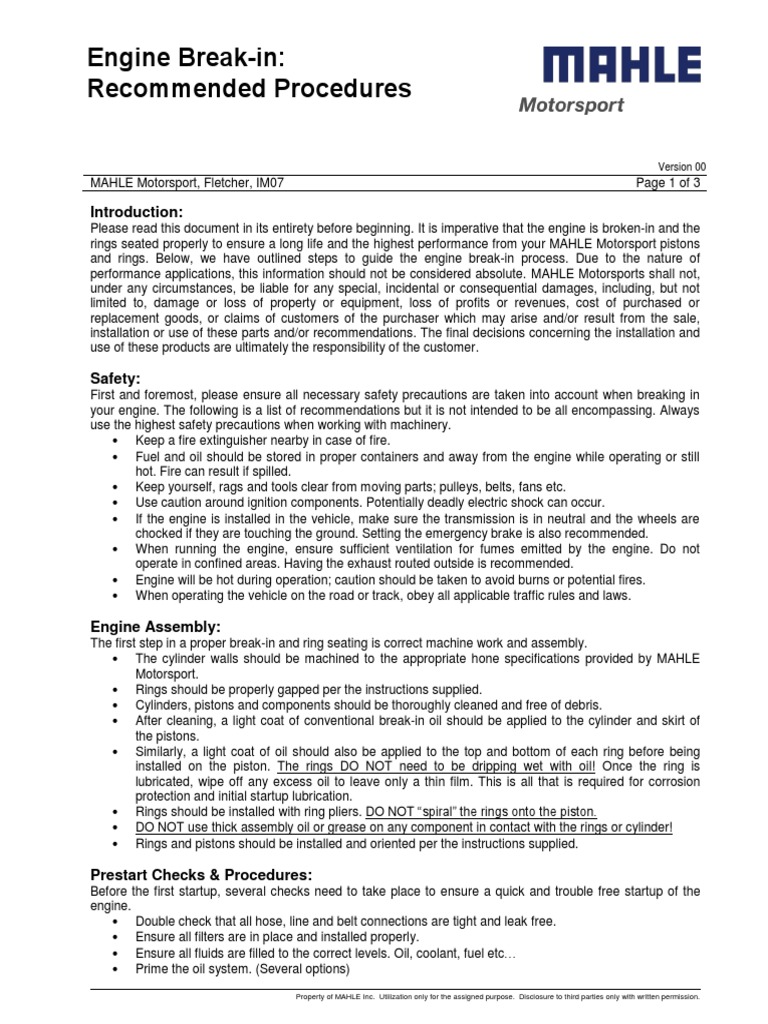 Engine BreakIn Procedures PDF Engines Piston