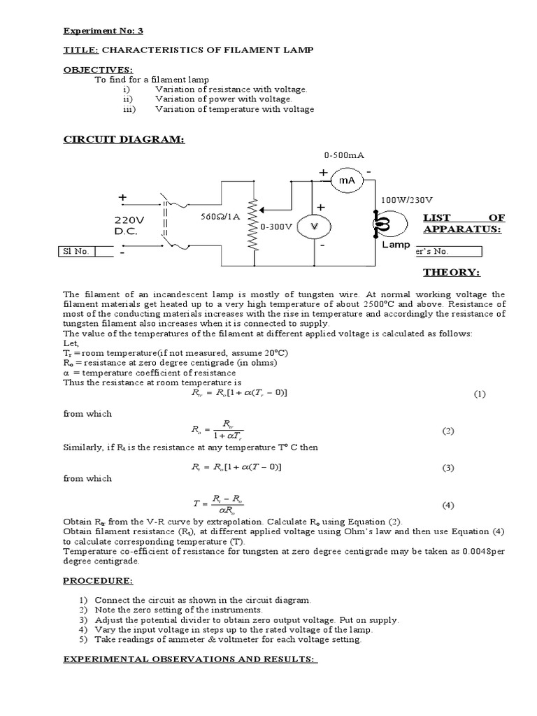 Circuit Diagram Experiment No 3 Title Characteristics of Filament Lamp Objectives PDF