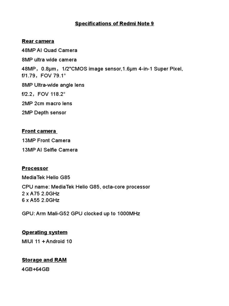 Redmi Note 9 Full Specifications | PDF
