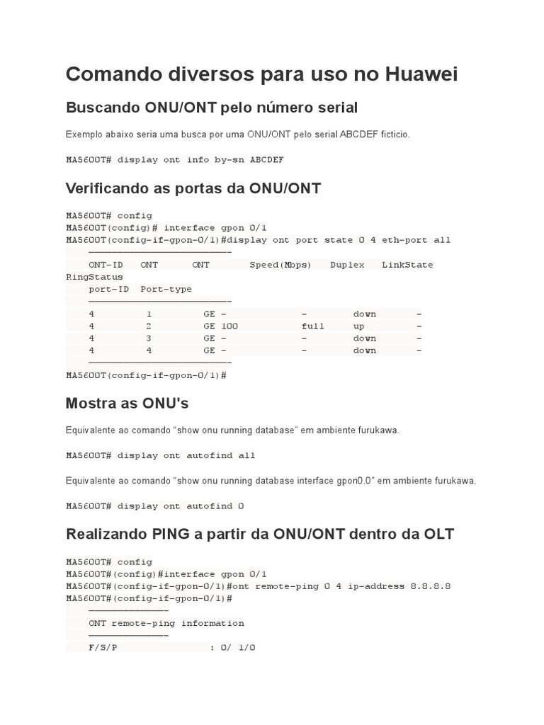 Comandos OLT Huawei MA5600T/M5800-X17 | PDF | Data Transmission ...