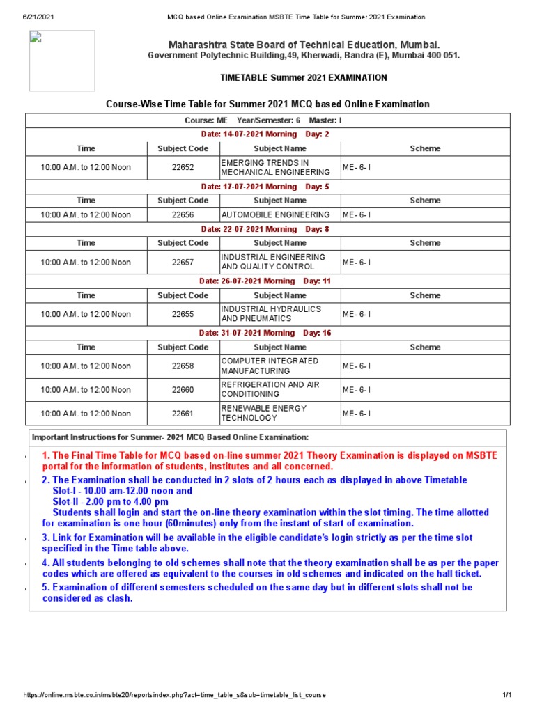MCQ Based Online Examination MSBTE Time Table For Summer 2021 Examination PDF Science And