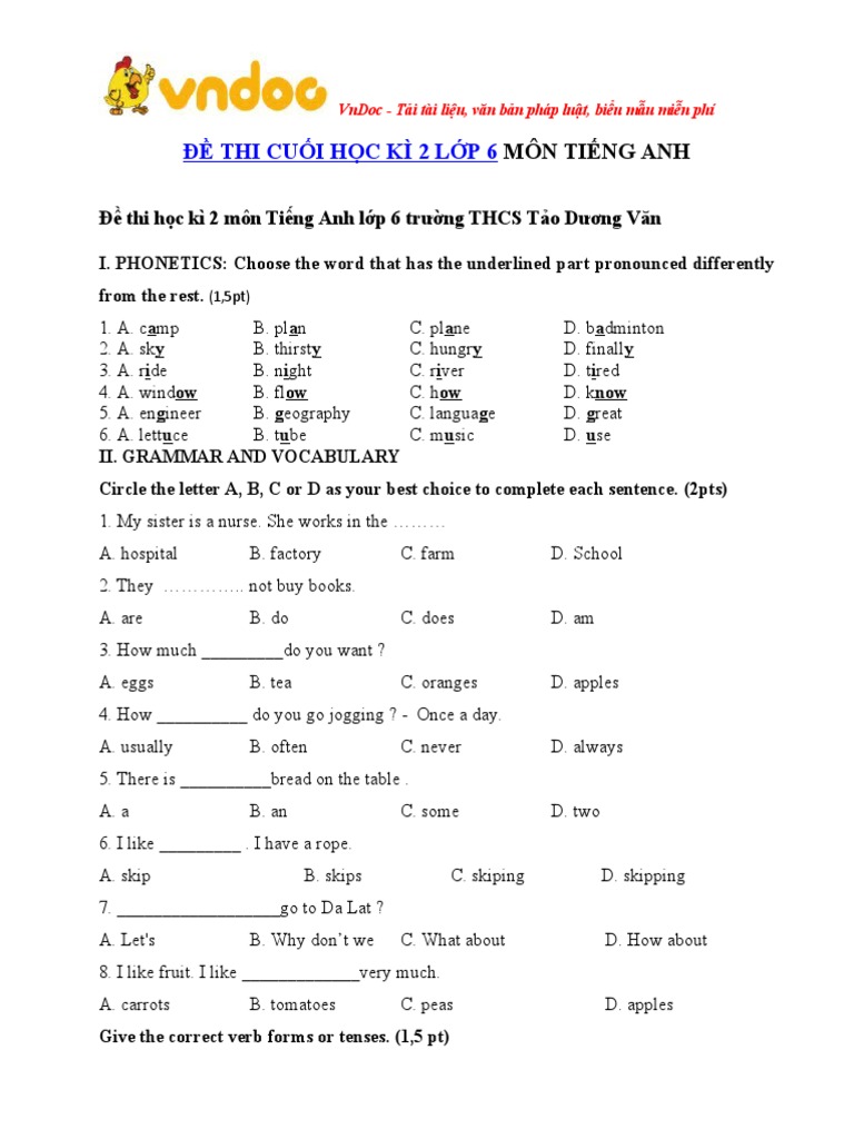 Bo de Thi Hoc Ky 2 Mon Tieng Anh Lop 6 Co Dap An 6 | PDF