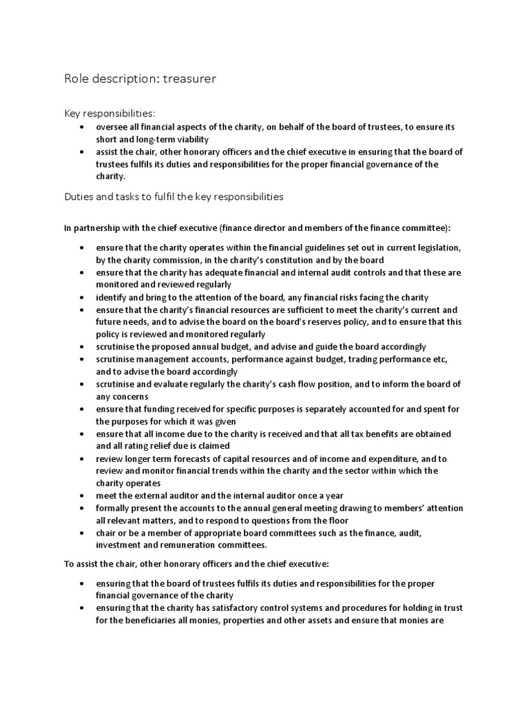 Role Description: Treasurer: Key Responsibilities | PDF | Charitable ...