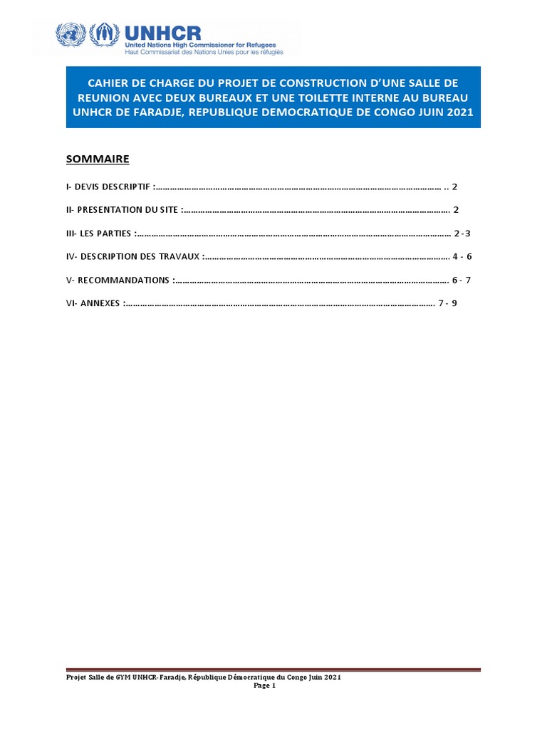 Annexe A1 Cahier de Charges Projet Salle de Reunion Unhcr Faradje Juin 2021, PDF, Bois (matériau de construction)