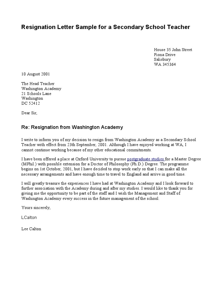 Teacher Resignation Letter 39 Pdf