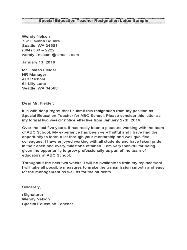Teacher Resignation Letter 22 Pdf