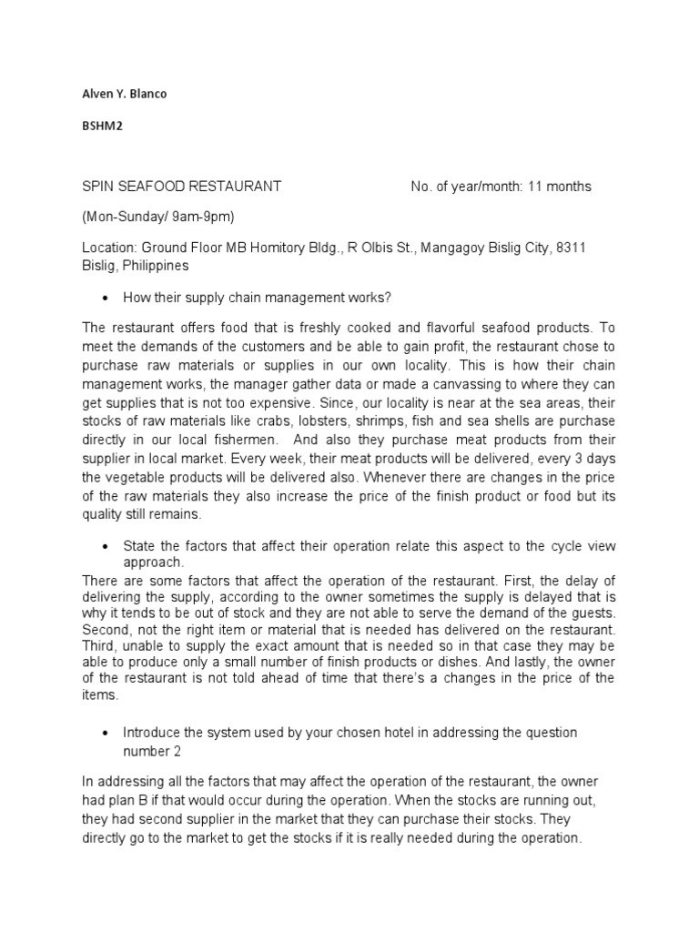 SPIN Seafood Restaurant Supply Chain PDF Restaurants Seafood